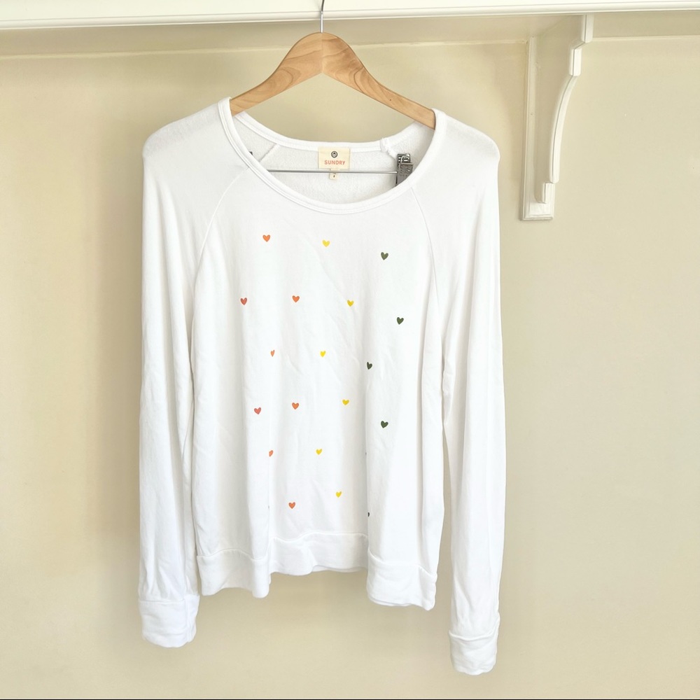 NWOT Sundry Rainbow Hearts White Pullover